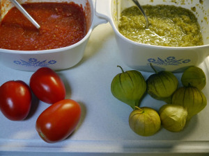 Tomato Salsa and Salsa Verde with pictures of Roma Tomatoes and Tomatillos.